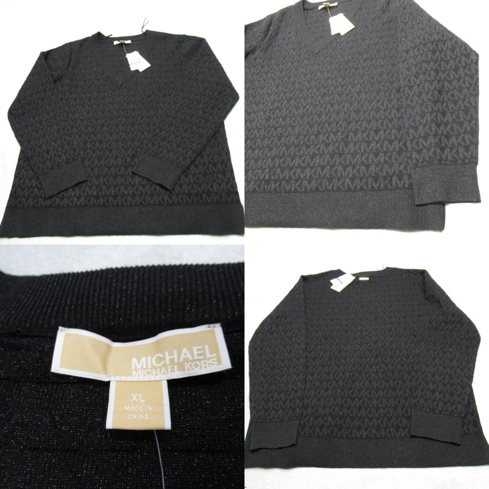 Michael Kors Sweater Mens XL Black Metallic V-Neck MK AOP Pullover‎ NWD